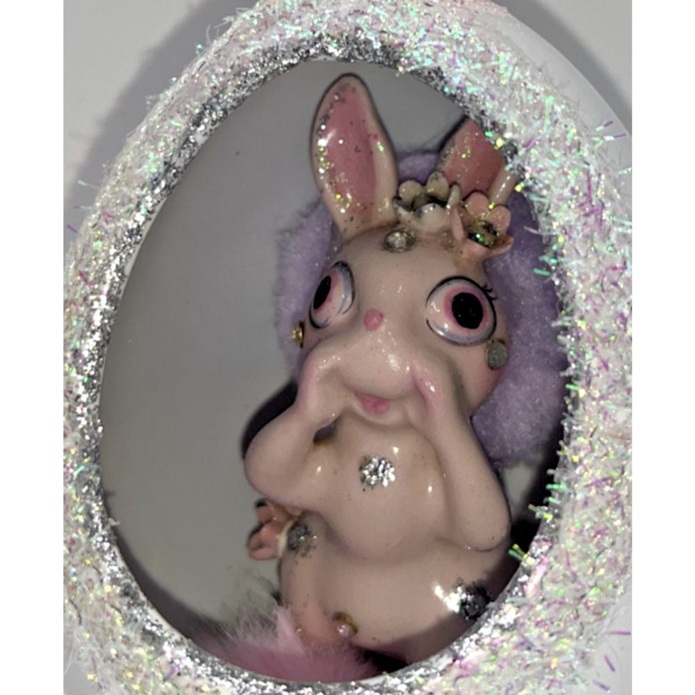 Vintage Ceramic Diorama Egg Pink Rhinestone Bunny Deb O. Original Designs OOAK - Picture 2 of 16
